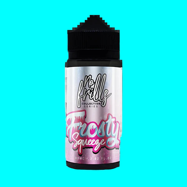 Bottle labeled 'Frosty Squeeze' with colorful text on a white background
