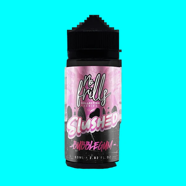 Bottle of bubblegum flavor with pink and black label.