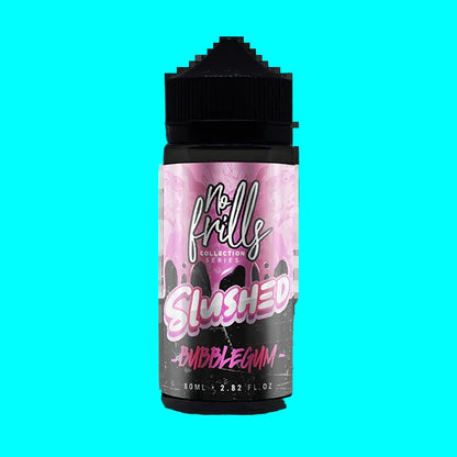 Bottle of bubblegum flavor with pink and black label.