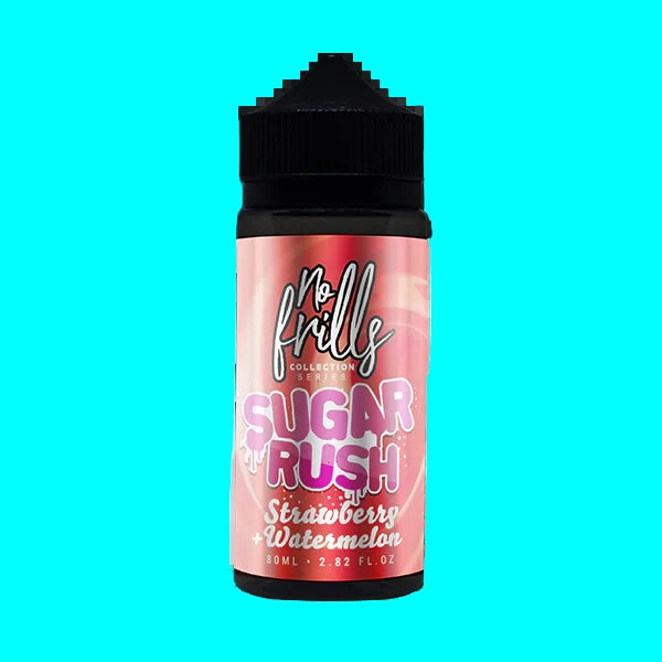 NO FRILLS STRAWBERRY WATERMELON SHORT FILL IN BLACK BOTTLE WITH RED PINK BACKGROUND