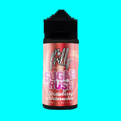 NO FRILLS STRAWBERRY WATERMELON SHORT FILL IN BLACK BOTTLE WITH RED PINK BACKGROUND