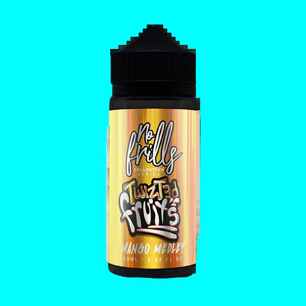 Bottle of flavored liquid with a yellow and black label on a white background