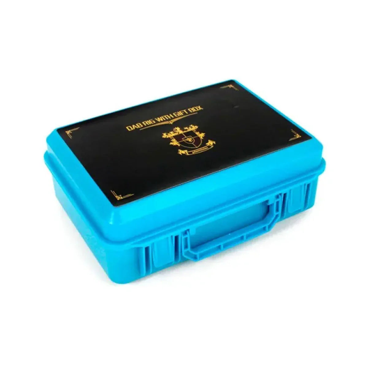 Blue rectangular box with a black lid featuring text and a logo on a white background
