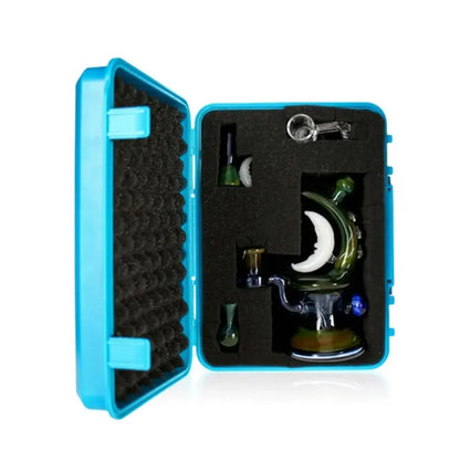Glass smoking device in a blue case with black foam lining
