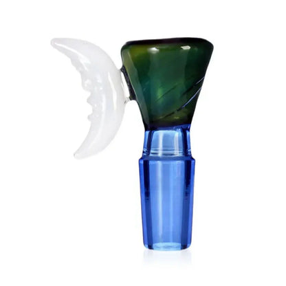 Glass smoking accessory with green top and blue base on a white background