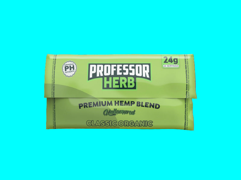 Green package of Professor Herb Premium Hemp Blend on a white background
