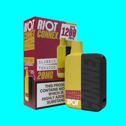 The image shows the RIOT CONNEX POD KIT with various prefilled pods in different flavors and a black vaping device. The packaging displays the brand and product information.
