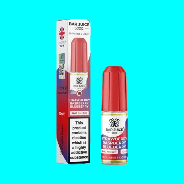Bar Juice 5000 Strawberry Raspberry Blueberry e-liquid bottle and packaging on a white background