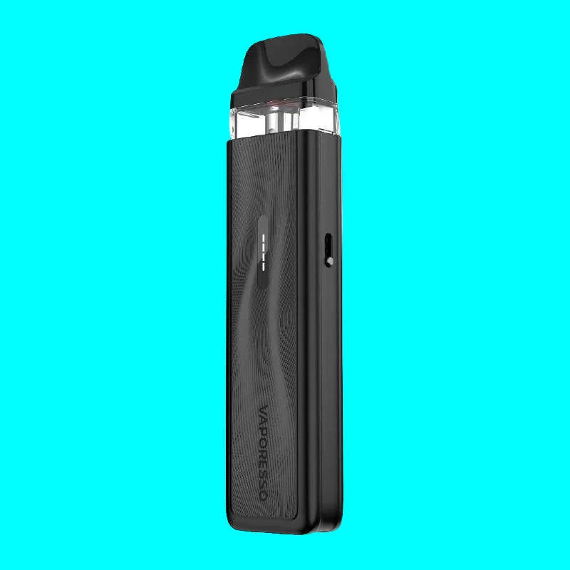 Black vape device with 'Vaporesso' branding on a white background