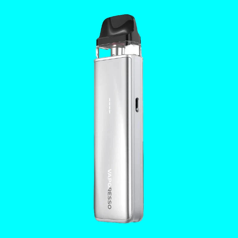 Silver vape device with black top on a white background