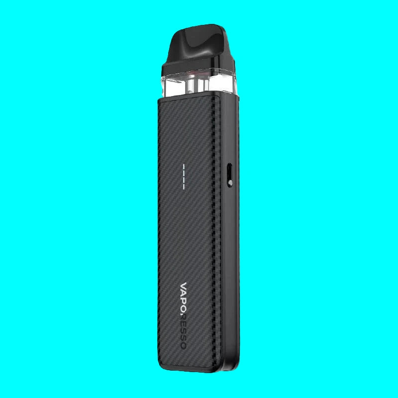 Black vape device with 'VAPORESSO' branding on a white background