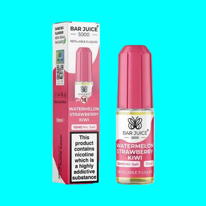 Bar Juice 5000 Watermelon Strawberry Kiwi e-liquid bottle and packaging on a white background