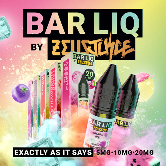 A selection of Bar Liq by Zeus Juice bar salts e-liquids, available in various flavors and nicotine strengths, displayed against a colorful abstract background.