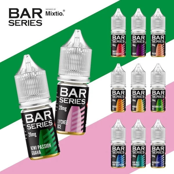 A collection of BAR SERIES 10ml nicotine salt e-liquid bottles in various flavors, designed for mouth-to-lung vaping.