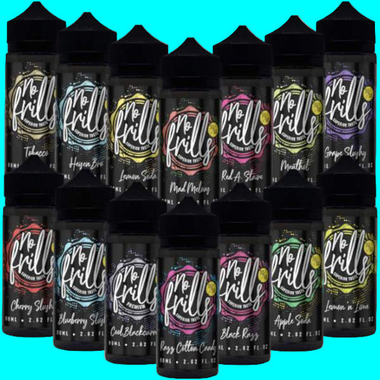 An assortment of NO FRILLS E-liquids in various flavors, with black and white packaging.