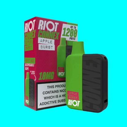 The image shows the RIOT CONNEX POD KIT with various prefilled pods in different flavors and a black vaping device. The packaging displays the brand and product information.