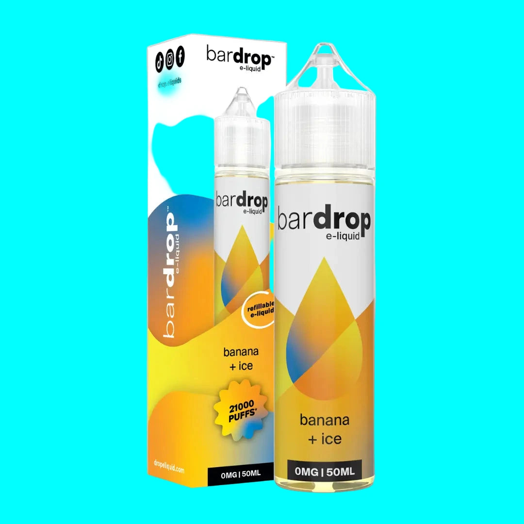 Boxed bottles of Bar Drop 50/50 short fill e-liquid in various flavors, including gummy bear and banana ice, with vibrant and colorful packaging.