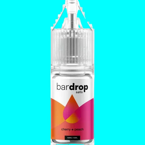 A bottle of BAR DROP 10ML NIC SALT E LIQUID with a pink and blue label, indicating the flavor is blueberry cotton candy.