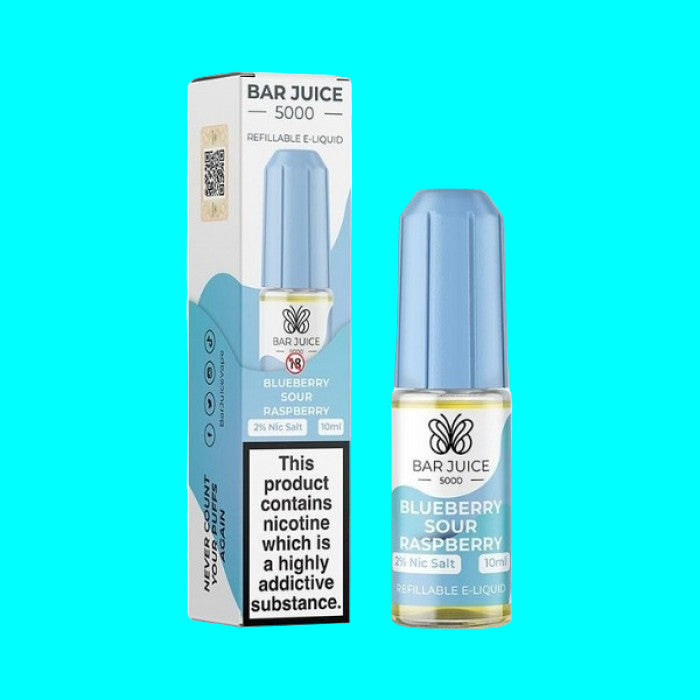 A collection of Bar Juice e-liquid bottles in various colors, labeled with different flavors. BLUEBERRY SOUR RASPBERRY