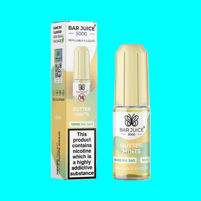 A collection of Bar Juice e-liquid bottles in various colors, labeled with different flavors. BUTTER MINTS