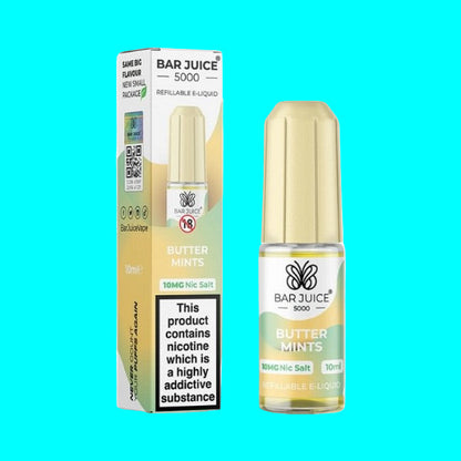 A collection of Bar Juice e-liquid bottles in various colors, labeled with different flavors. BUTTER MINTS