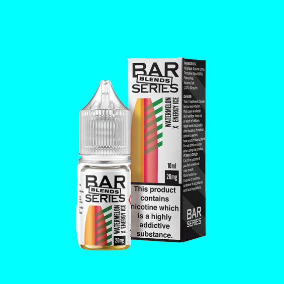 bottles of BAR SERIES BLENDS 10ML NIC SALT e-liquid in different flavors, each with a white label and clear chimney, displayed against a white background.