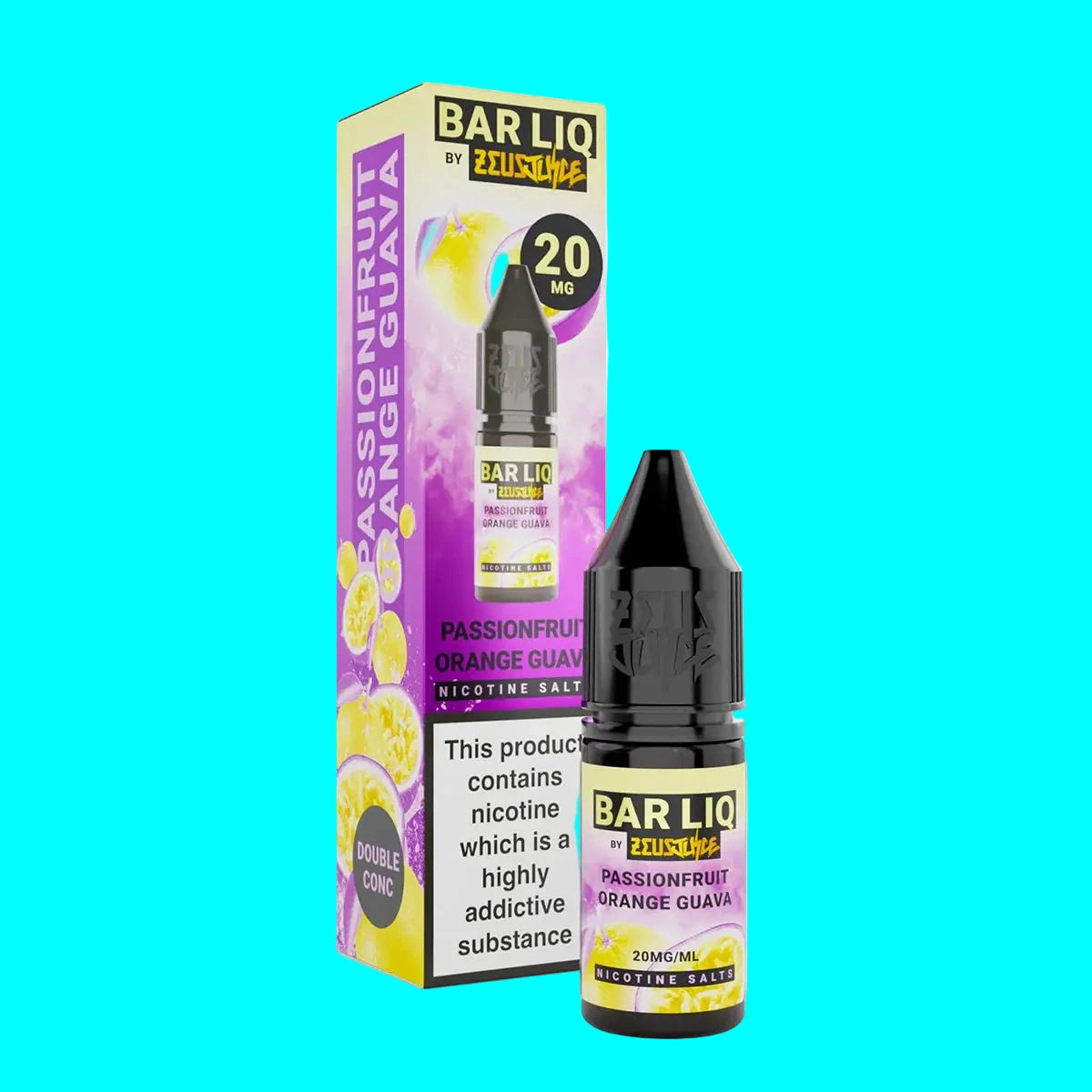 Bar Liq passionfruit orange guava vape juice packaging with black bottle on a white background