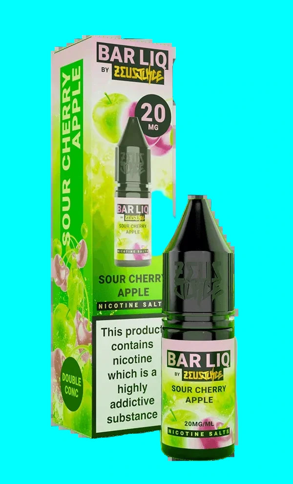 Bar Liq Sour Cherry Apple nicotine salt packaging and bottle on a white background
