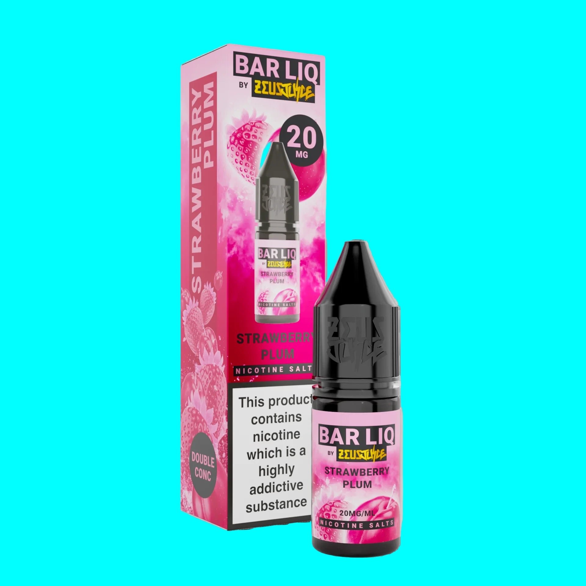 Bar Liq strawberry plum vape juice bottle and packaging on a white background