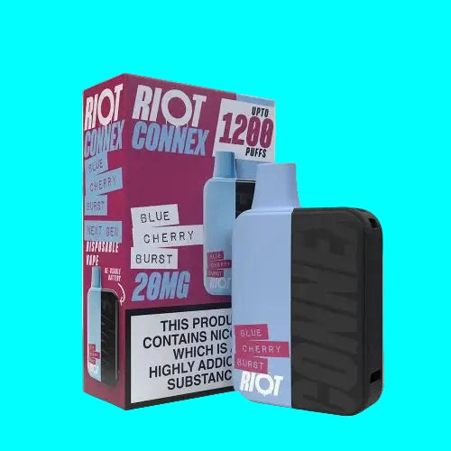 The image shows the RIOT CONNEX POD KIT with various prefilled pods in different flavors and a black vaping device. The packaging displays the brand and product information.