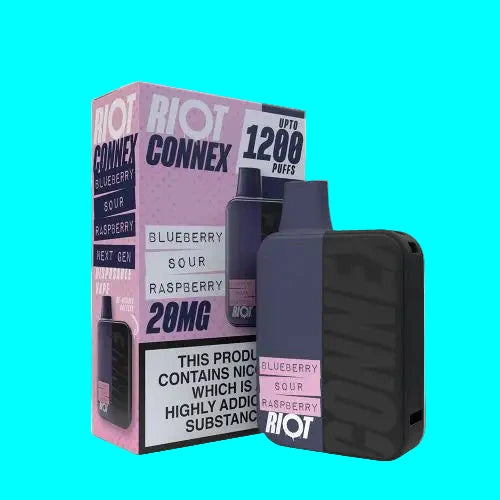 The image shows the RIOT CONNEX POD KIT with various prefilled pods in different flavors and a black vaping device. The packaging displays the brand and product information.