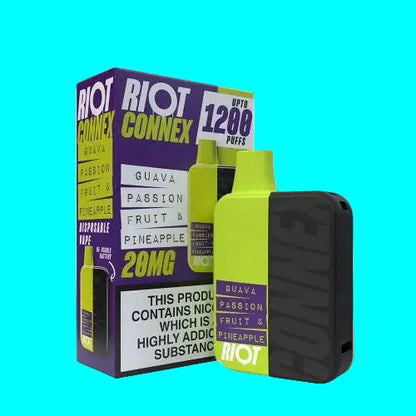 The image shows the RIOT CONNEX POD KIT with various prefilled pods in different flavors and a black vaping device. The packaging displays the brand and product information.