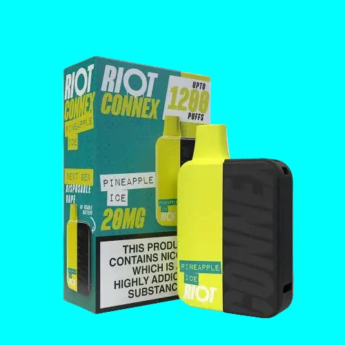 The image shows the RIOT CONNEX POD KIT with various prefilled pods in different flavors and a black vaping device. The packaging displays the brand and product information.