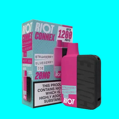 The image shows the RIOT CONNEX POD KIT with various prefilled pods in different flavors and a black vaping device. The packaging displays the brand and product information.