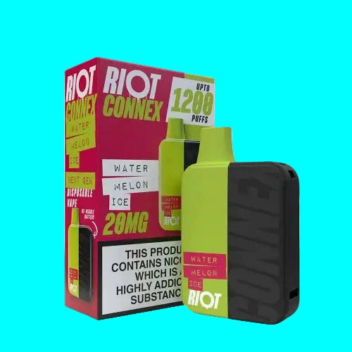 The image shows the RIOT CONNEX POD KIT with various prefilled pods in different flavors and a black vaping device. The packaging displays the brand and product information.