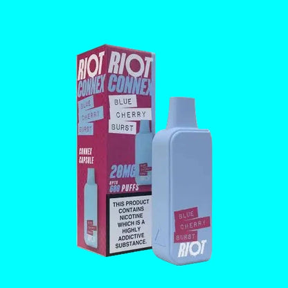 A collection of RIOT CONNEX prefilled capsule pods in various flavors, with a blue background and text indicating the product name and nicotine content.