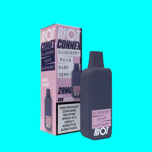 A collection of RIOT CONNEX prefilled capsule pods in various flavors, with a blue background and text indicating the product name and nicotine content.