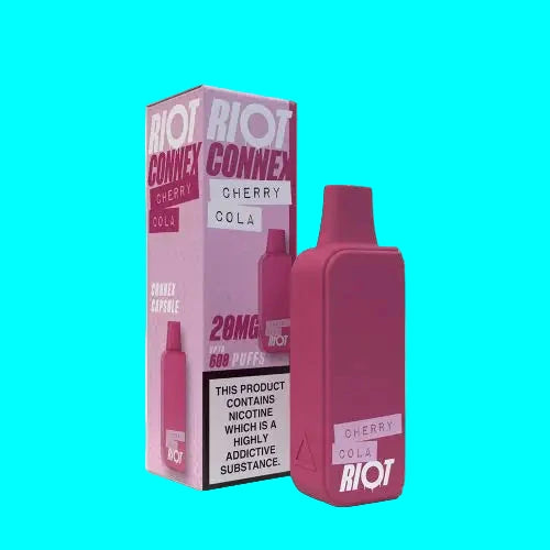 A collection of RIOT CONNEX prefilled capsule pods in various flavors, with a blue background and text indicating the product name and nicotine content.