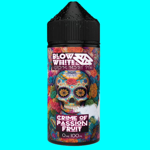 A series of e-liquid bottles with colorful and artistic labels, each labeled with different flavors like Hateful Grape, Crime of the Passion Fruit, Apricota Warrior, Blue Sour Mash, and Dark Cherry Rises.