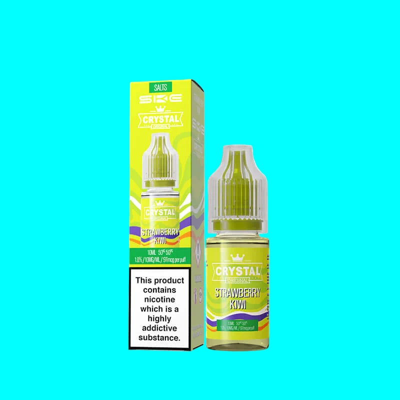 Crystal Strawberry Kiwi vape juice bottle and packaging on a white background