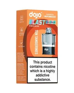 A product image showing the packaging and a prefilled pod from the DOJO BLAST 6000 vaping series. The box is blue and white with text and a picture of the device, which is a pod-style electronic cigarette, prominently displayed.