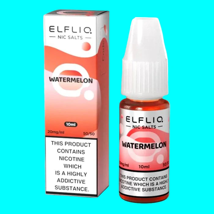 Elfliq watermelon nicotine salt e-liquid bottle and packaging on a white background