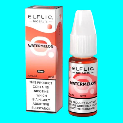 Elfliq watermelon nicotine salt e-liquid bottle and packaging on a white background