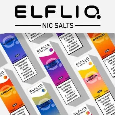 A collection of ELFLIQ Nic Salt e-liquid bottles in various flavors, displayed in a grid arrangement.