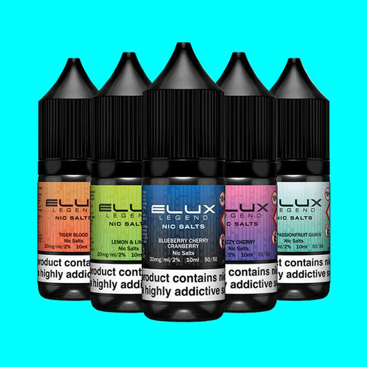 Set of ELUX Legend Nic Salts e-liquid bottles on a white background