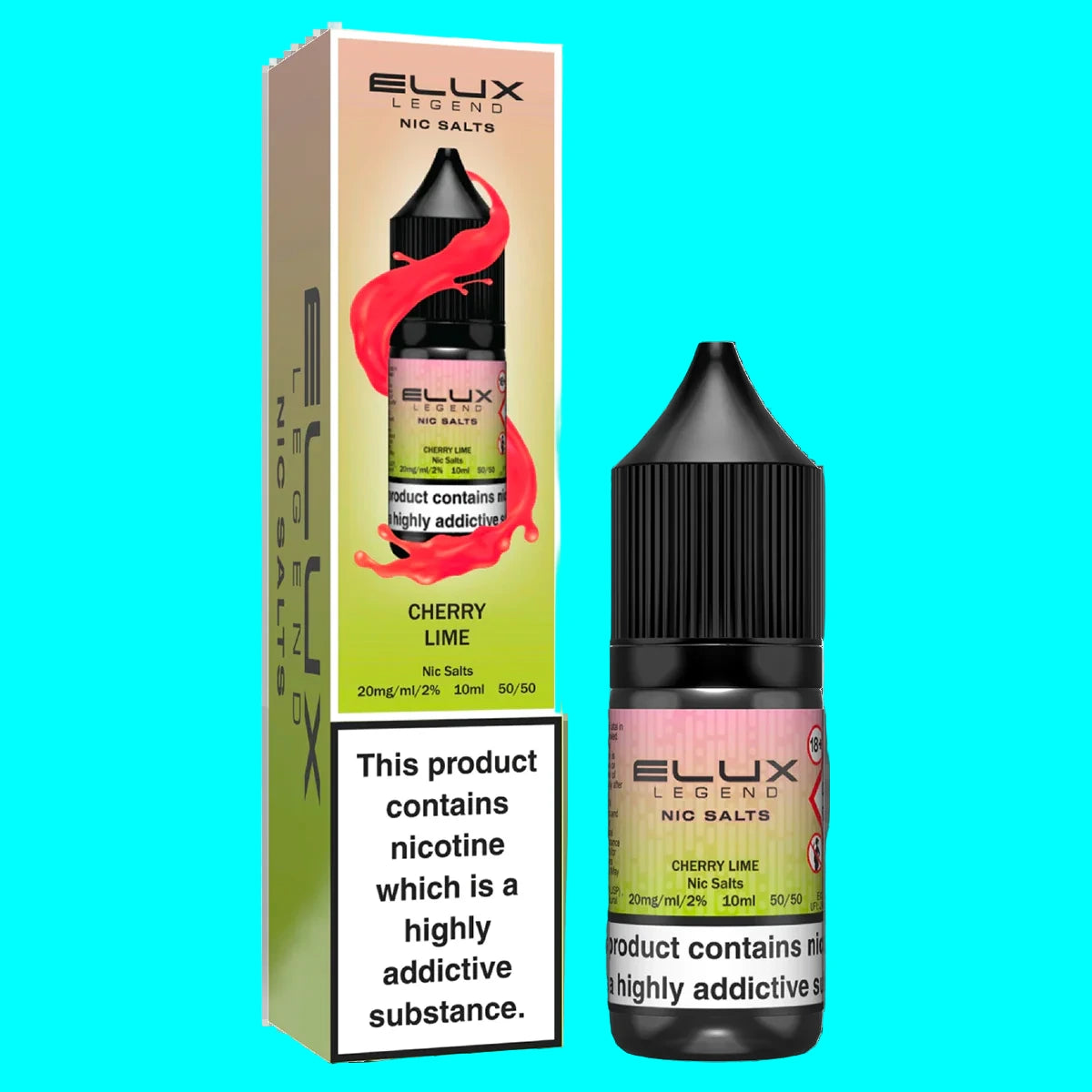 Elux Legend Cherry Lime nicotine salt e-liquid bottle and packaging on a white background