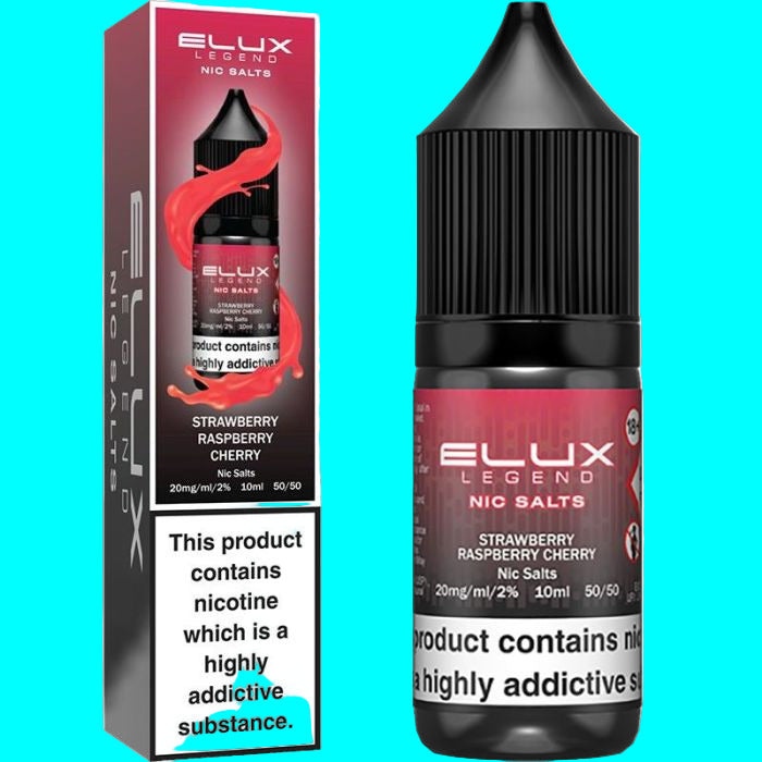 Elux Legend Nic Salts Strawberry Raspberry Cherry e-liquid bottle and packaging on a white background