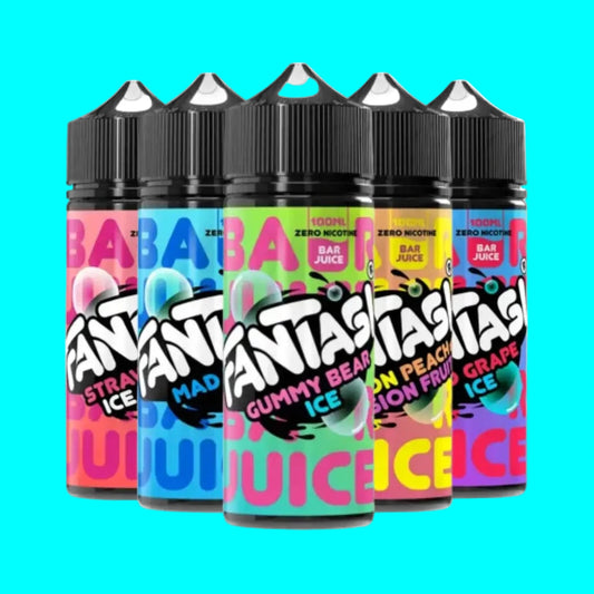 Five bottles of Fantasi Juice with colorful labels on a white background