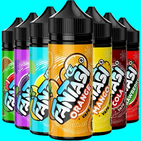 Assorted flavors of Fantasi Vape juice bottles on a white background