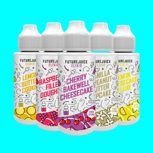 Five Future Juice Elixir bottles with colorful labels on a white background
